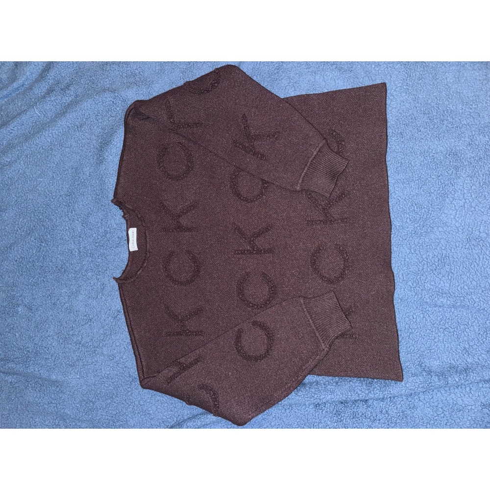 Calvin Klein Womens Brown Embossed Logo Knit Crew Neck Long Sleeve Sweater